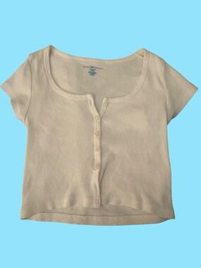 Brandy Melville White Ribbed Henley Crop Top Button Front Short Sleeve